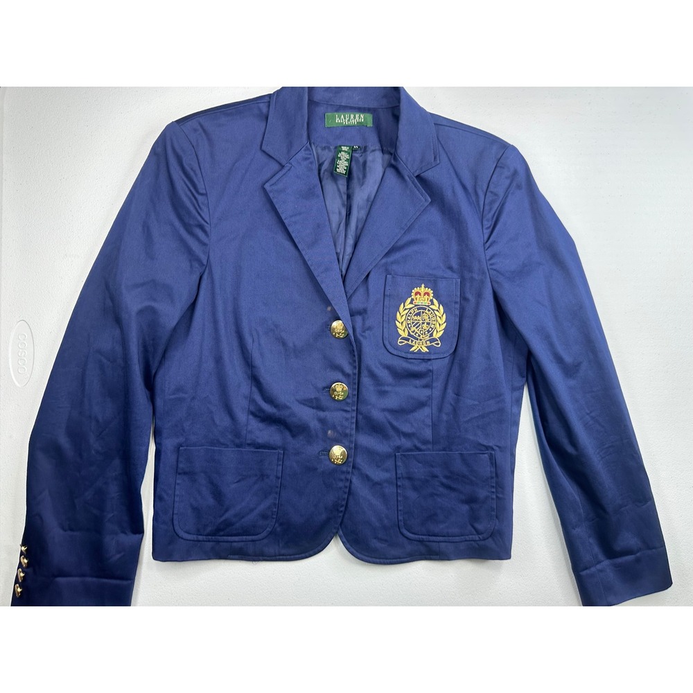 Lauren Ralph Lauren Crest Blazer Women P/L Navy Blue Good Gold Button Preppy